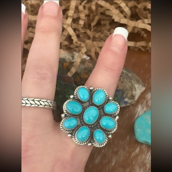 Kingman turquoise cluster statement sterling silver ring - Picture 2 of 10